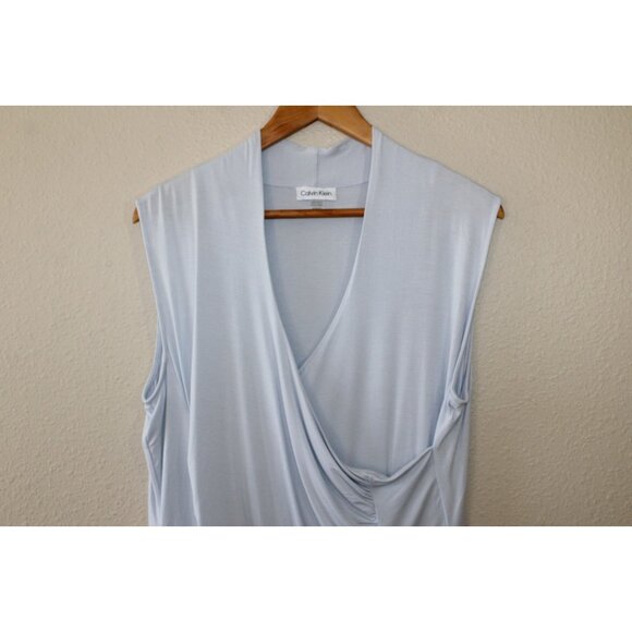 Calvin Klein Womens Light Blue Sleeveless Ruched Faux Wrap Blouse XL - Picture 2 of 5